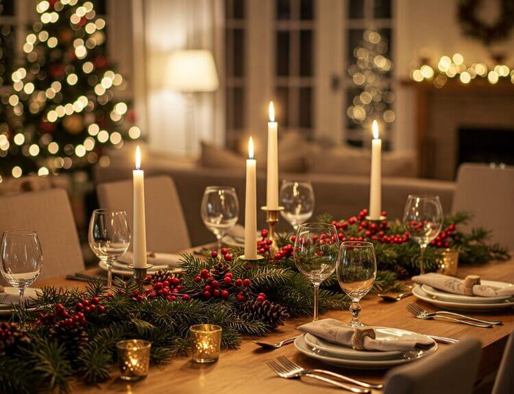 Dining table with tasteful Christmas decorations used in Edmonton home staging before winter.
