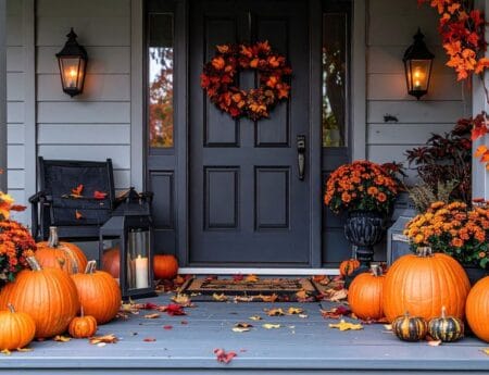 A front door decorated for autumn with pumpkins and wreaths, symbolizing seasonal organization.