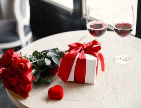 Valentine's gift with wine on the table